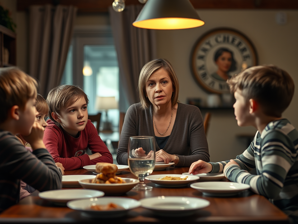 mom having a serious conversation with her kids over dinner.