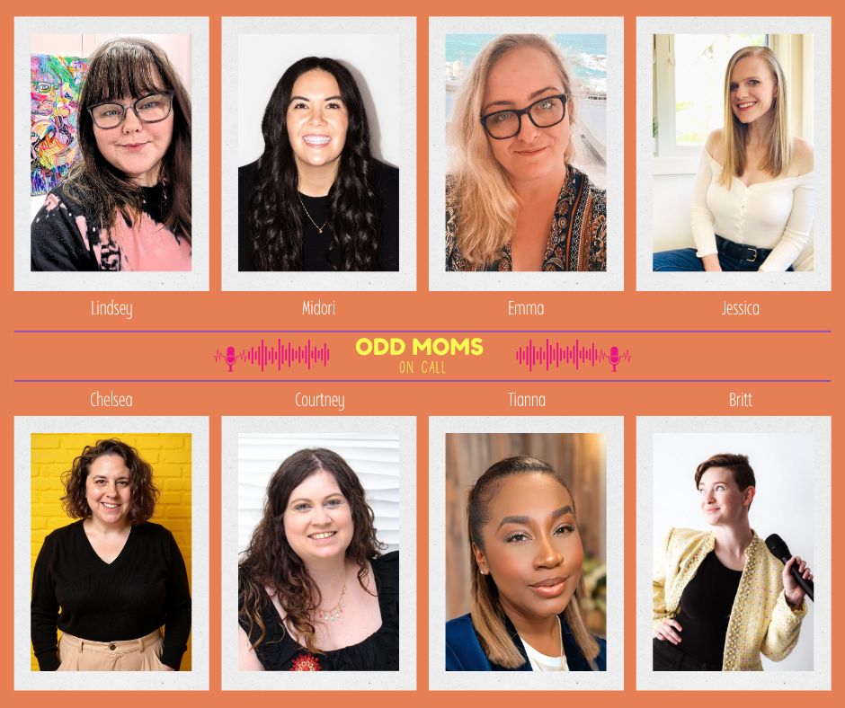 An image of our Odd Moms Panel Members set against an orange background.